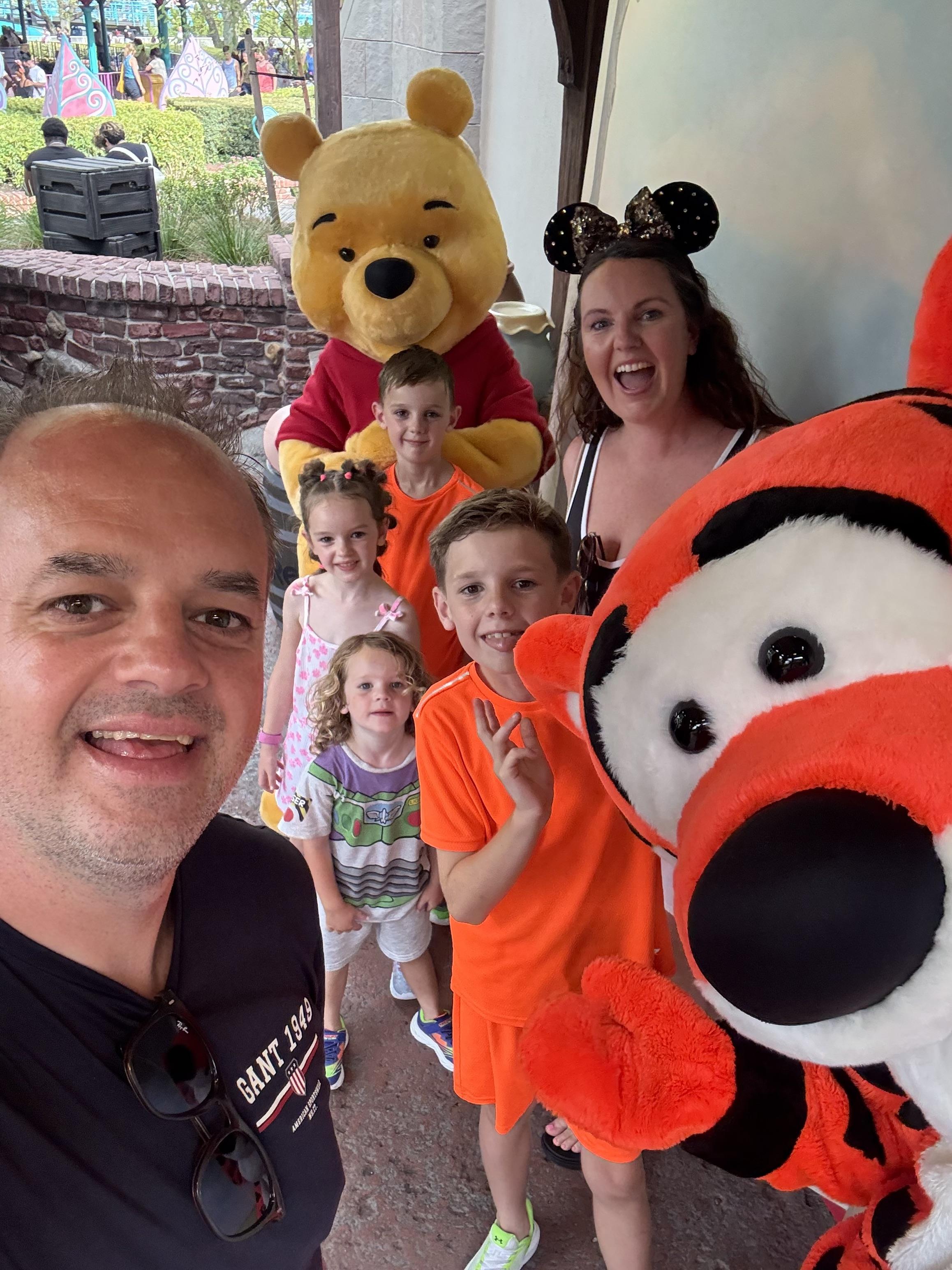 The Packed4Disney family enjoying a Disney character experience